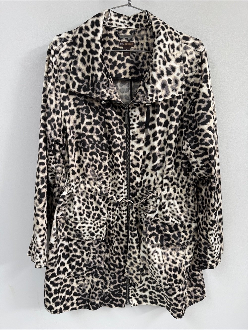 Dana Buchman Black & Cream Leopard-Print Zip Front Utility Jacket